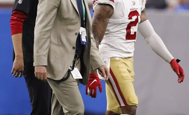 Sep 12, 2021; Detroit, Michigan, USA; San Francisco 49ers defensive back Jason Verrett (2) walks off the field with an injury during the fourth quarter against the Detroit Lions at Ford Field. Mandatory Credit: Raj Mehta-USA TODAY Sports