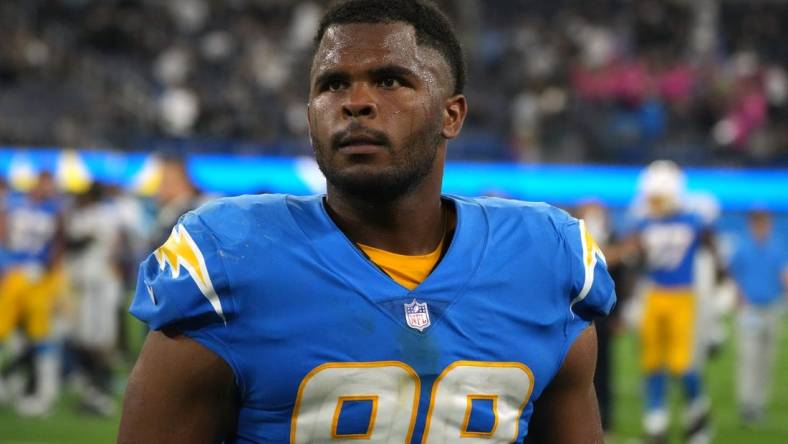 Oct 4, 2021; Inglewood, California, USA; Los Angeles Chargers defensive tackle Jerry Tillery (99) reacts after defeating the Las Vegas Raiders at SoFi Stadium. Mandatory Credit: Kirby Lee-USA TODAY Sports