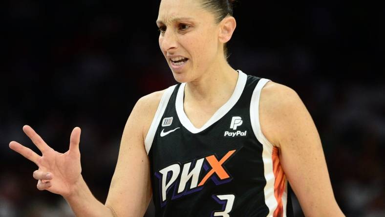 Oct 10, 2021; Phoenix, Arizona, USA; Phoenix Mercury guard Diana Taurasi (3) reacts against the Chicago Sky during the first half of game one of the 2021 WNBA Finals at Footprint Center. Mandatory Credit: Joe Camporeale-USA TODAY Sports