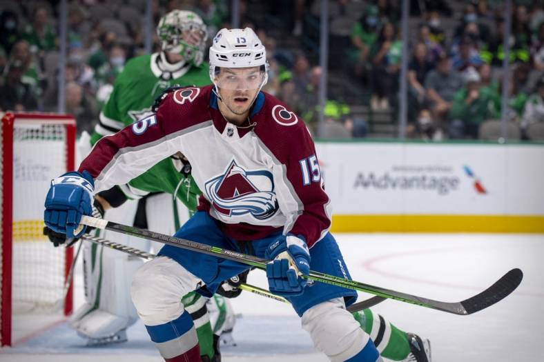 Oct 7, 2021; Dallas, Texas, USA; Colorado Avalanche center Shane Bowers (15) in action during the game between the Dallas Stars and the Colorado Avalanche at the American Airlines Center. Mandatory Credit: Jerome Miron-USA TODAY Sports