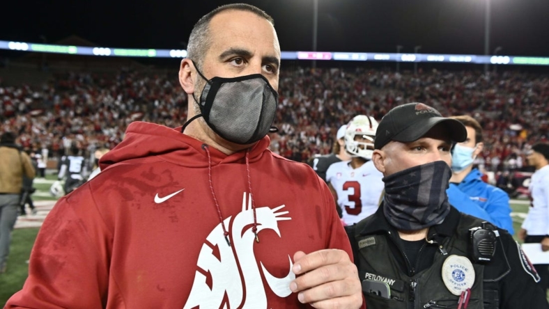 Oct 16, 2021; Pullman, Washington, USA; Washington State Cougars head coach Nick Rolovich celebrates after a game against the Stanford Cardinal at Gesa Field at Martin Stadium. The Cougars won 34-31. Mandatory Credit: James Snook-USA TODAY Sports