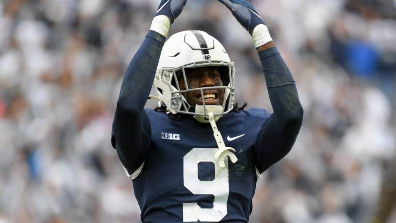 Oct 23, 2021; University Park, Pennsylvania, USA; Penn State Nittany Lions cornerback Joey Porter Jr. (9) gestures to the crowd against the Illinois Fighting Illini during the second half at Beaver Stadium. Mandatory Credit: Rich Barnes-USA TODAY Sports