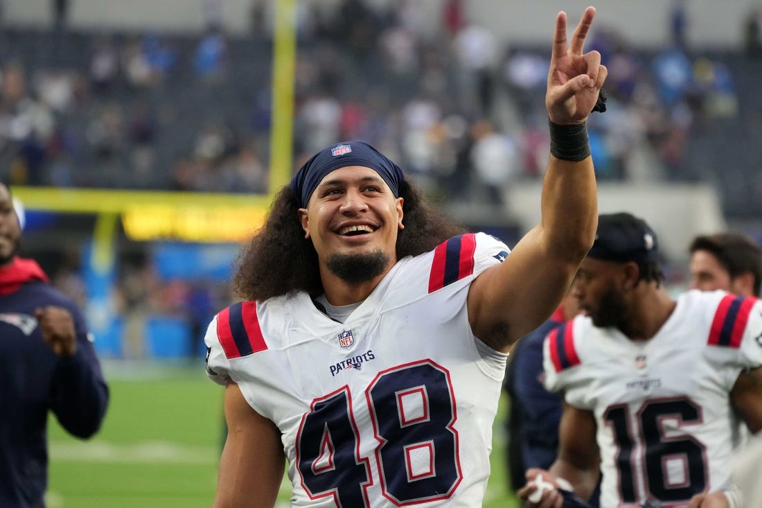 New England Patriots linebacker Jahlani Tavai (48) looks on during