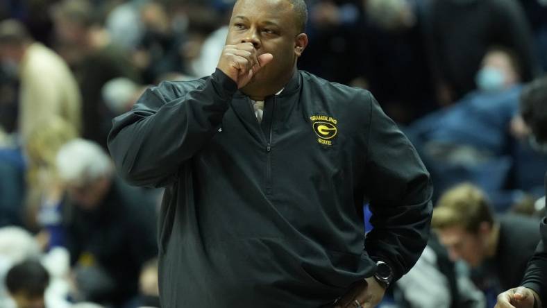 Dec 4, 2021; Storrs, Connecticut, USA; Grambling State Tigers head coach Donte  Jackson watches from the sideline as they take on the Connecticut Huskies in the first half at Harry A. Gampel Pavilion. Mandatory Credit: David Butler II-USA TODAY Sports