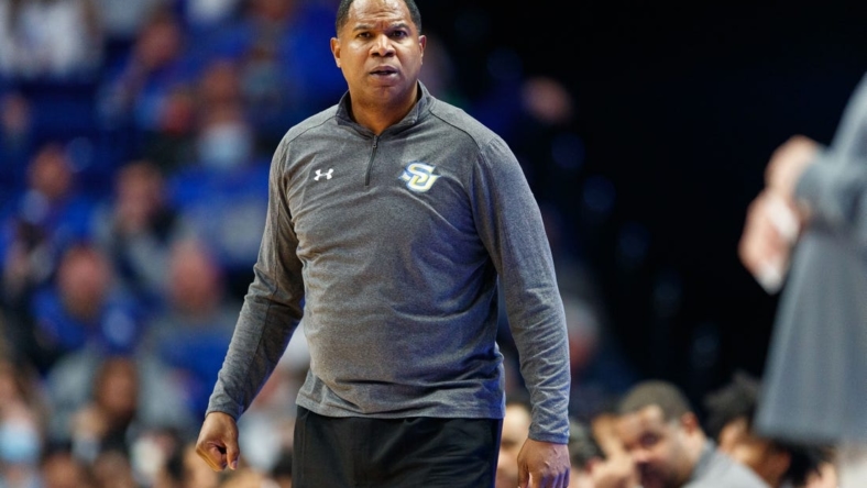 Dec 7, 2021; Lexington, Kentucky, USA; Southern University Jaguars head coach Sean Woods stares down the court during the second half against the Kentucky Wildcats at Rupp Arena at Central Bank Center. Mandatory Credit: Jordan Prather-USA TODAY Sports