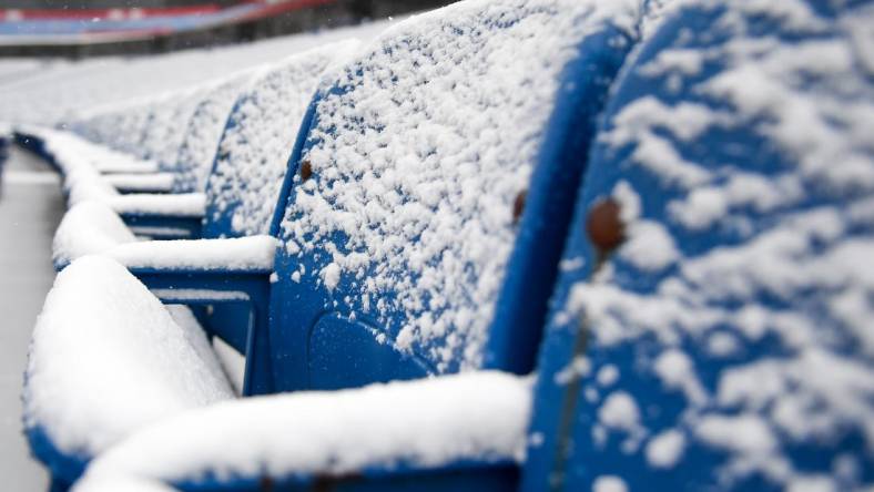 Jan 2, 2022; Orchard Park, New York, USA; General view of snow covered seats at Highmark Stadium prior to the game between the Atlanta Falcons and the Buffalo Bills. Mandatory Credit: Rich Barnes-USA TODAY Sports