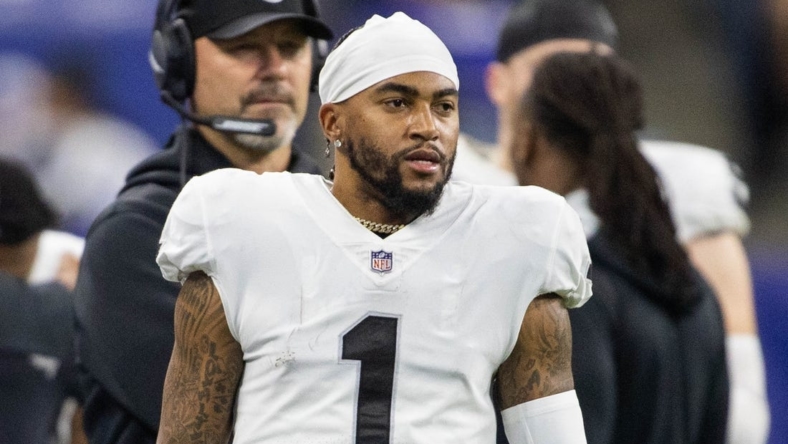 Jan 2, 2022; Indianapolis, Indiana, USA; Las Vegas Raiders wide receiver DeSean Jackson (1) in the second half against the Indianapolis Colts at Lucas Oil Stadium. Mandatory Credit: Trevor Ruszkowski-USA TODAY Sports