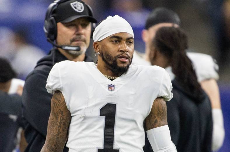 Jan 2, 2022; Indianapolis, Indiana, USA; Las Vegas Raiders wide receiver DeSean Jackson (1) in the second half against the Indianapolis Colts at Lucas Oil Stadium. Mandatory Credit: Trevor Ruszkowski-USA TODAY Sports