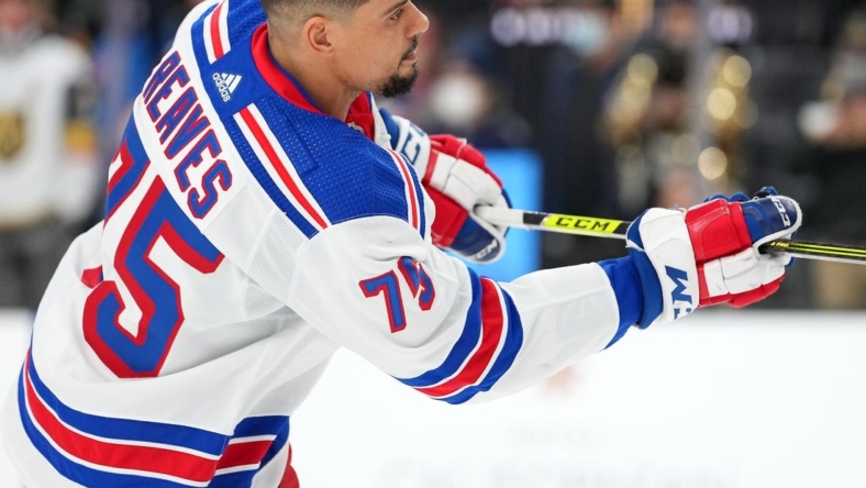 Jan 6, 2022; Las Vegas, Nevada, USA; New York Rangers right wing Ryan Reaves (75) warms up before a game against the Vegas Golden Knights at T-Mobile Arena. Mandatory Credit: Stephen R. Sylvanie-USA TODAY Sports