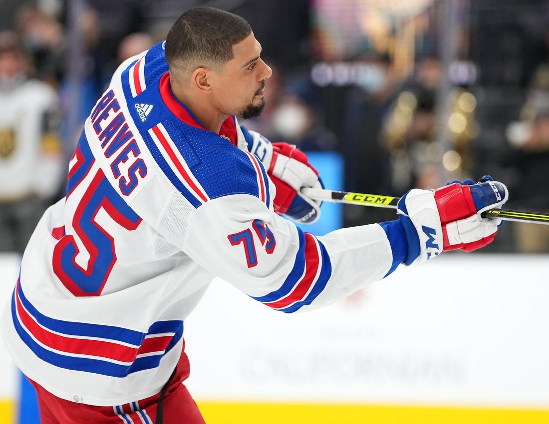 Jan 6, 2022; Las Vegas, Nevada, USA; New York Rangers right wing Ryan Reaves (75) warms up before a game against the Vegas Golden Knights at T-Mobile Arena. Mandatory Credit: Stephen R. Sylvanie-USA TODAY Sports
