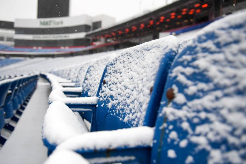 Jan 2, 2022; Orchard Park, New York, USA; General view of snow covered seats at Highmark Stadium prior to the game between the Atlanta Falcons and the Buffalo Bills. Mandatory Credit: Rich Barnes-USA TODAY Sports