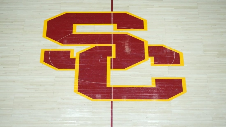Jan 13, 2022; Los Angeles, California, USA; A detailed view of the Southern California Trojans SC logo at center court at the Galen Center. Mandatory Credit: Kirby Lee-USA TODAY Sports