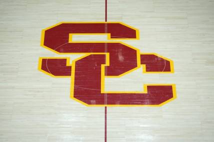 Jan 13, 2022; Los Angeles, California, USA; A detailed view of the Southern California Trojans SC logo at center court at the Galen Center. Mandatory Credit: Kirby Lee-USA TODAY Sports