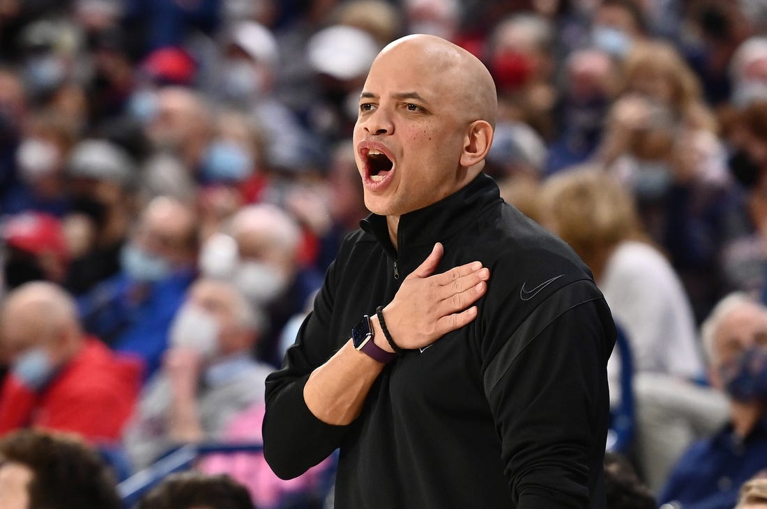 Jan 29, 2022; Spokane, Washington, USA; Portland Pilots head coach Shantay Legans looks on against the Gonzaga Bulldogs in the first half at McCarthey Athletic Center. Mandatory Credit: James Snook-USA TODAY Sports