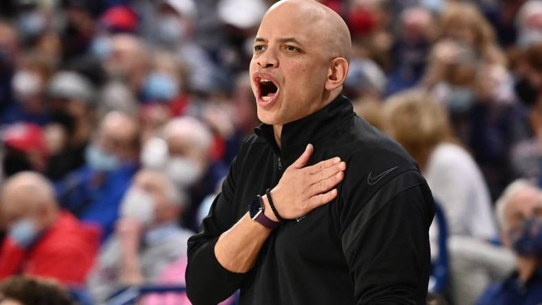 Jan 29, 2022; Spokane, Washington, USA; Portland Pilots head coach Shantay Legans looks on against the Gonzaga Bulldogs in the first half at McCarthey Athletic Center. Mandatory Credit: James Snook-USA TODAY Sports