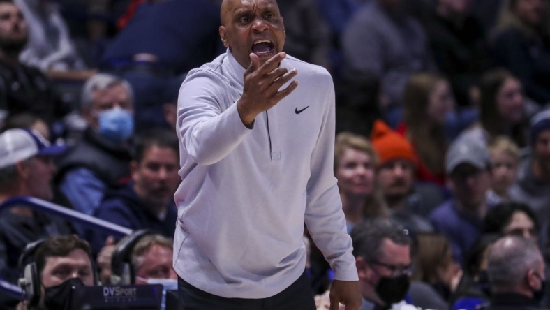 Feb 5, 2022; Cincinnati, Ohio, USA; DePaul Blue Demons head coach Tony Stubblefield yells instructions during the second half in the game against the Xavier Musketeers at Cintas Center. Mandatory Credit: Katie Stratman-USA TODAY Sports