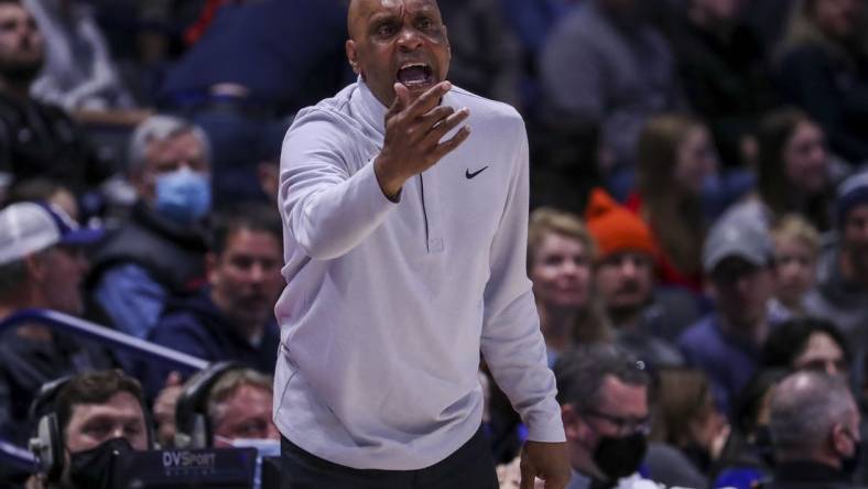 Feb 5, 2022; Cincinnati, Ohio, USA; DePaul Blue Demons head coach Tony Stubblefield yells instructions during the second half in the game against the Xavier Musketeers at Cintas Center. Mandatory Credit: Katie Stratman-USA TODAY Sports