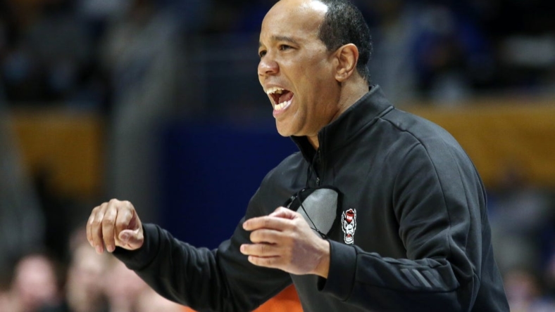 Feb 12, 2022; Pittsburgh, Pennsylvania, USA;   North Carolina State Wolfpack head coach Kevin Keatts reacts on the sidelines against the Pittsburgh Panthers during the second half at the Petersen Events Center. Pittsburgh won 71-69. Mandatory Credit: Charles LeClaire-USA TODAY Sports