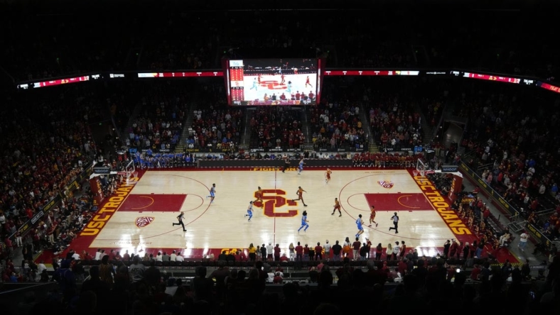 Feb 12, 2022; Los Angeles, California, USA; A general overall view of the Galen Center during a game between the Southern California Trojans and the UCLA Bruins. Mandatory Credit: Kirby Lee-USA TODAY Sports
