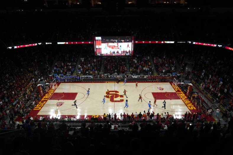 Feb 12, 2022; Los Angeles, California, USA; A general overall view of the Galen Center during a game between the Southern California Trojans and the UCLA Bruins. Mandatory Credit: Kirby Lee-USA TODAY Sports