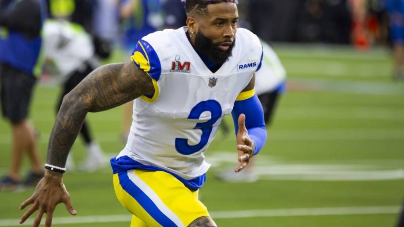 Feb 13, 2022; Inglewood, CA, USA; Los Angeles Rams wide receiver Odell Beckham Jr. (3) against the Cincinnati Bengals during Super Bowl LVI at SoFi Stadium. Mandatory Credit: Mark J. Rebilas-USA TODAY Sports