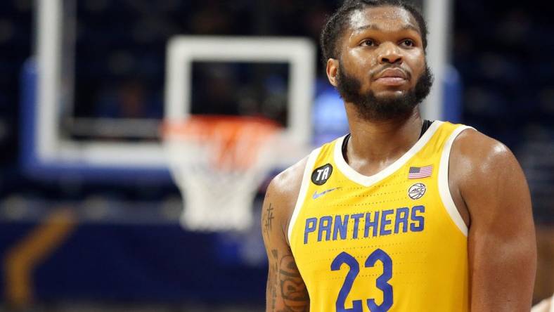 Feb 12, 2022; Pittsburgh, Pennsylvania, USA;  Pittsburgh Panthers forward John Hugley (23) looks on against the North Carolina State Wolfpack during the second half at the Petersen Events Center. Mandatory Credit: Charles LeClaire-USA TODAY Sports