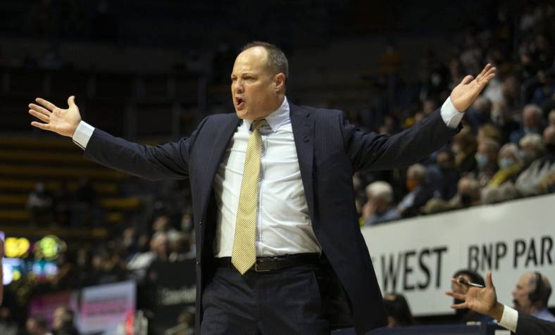Feb 17, 2022; Berkeley, California, USA; California Golden Bears head coach Mark Fox reacts to an official s call against his team during the second half with the Colorado Buffaloes at Haas Pavilion. Mandatory Credit: D. Ross Cameron-USA TODAY Sports
