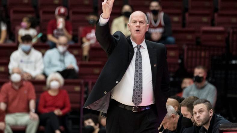 Feb 19, 2022; Stanford, California, USA; Colorado Buffaloes head coach Tad Boyle signals during the first half against the Stanford Cardinal at Maples Pavilion. Mandatory Credit: John Hefti-USA TODAY Sports