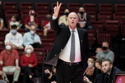 Feb 19, 2022; Stanford, California, USA; Colorado Buffaloes head coach Tad Boyle signals during the first half against the Stanford Cardinal at Maples Pavilion. Mandatory Credit: John Hefti-USA TODAY Sports