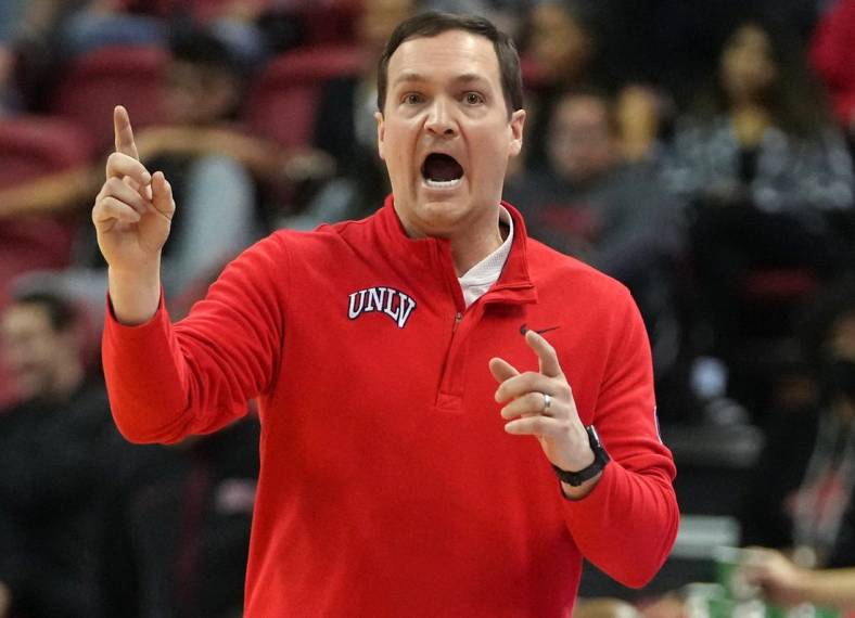 Feb 19, 2022; Las Vegas, Nevada, USA; UNLV Runnin' Rebels head coach Kevin Kruger during the second half against the Colorado State Rams at Thomas & Mack Center. Mandatory Credit: Stephen R. Sylvanie-USA TODAY Sports