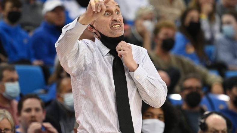 Feb 21, 2022; Los Angeles, California, USA;  Arizona State Sun Devils head coach Bobby Hurley calls a play in the second half of the game against the UCLA Bruins at Pauley Pavilion presented by Wescom. Mandatory Credit: Jayne Kamin-Oncea-USA TODAY Sports