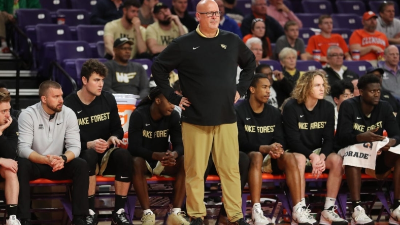Feb 23, 2022; Clemson, South Carolina, USA; Wake Forest Demon Deacons head coach Steve Forbes watches from the sideline during the first half against the Clemson Tigers at Littlejohn Coliseum. Mandatory Credit: Dawson Powers-USA TODAY Sports
