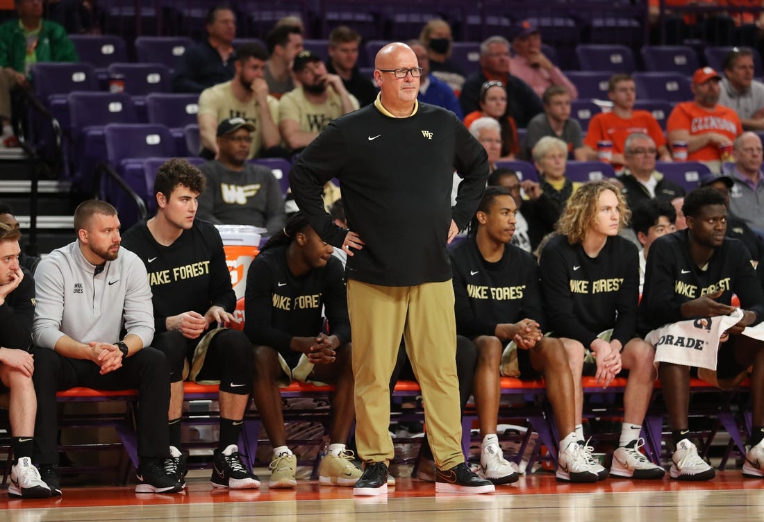 Feb 23, 2022; Clemson, South Carolina, USA; Wake Forest Demon Deacons head coach Steve Forbes watches from the sideline during the first half against the Clemson Tigers at Littlejohn Coliseum. Mandatory Credit: Dawson Powers-USA TODAY Sports