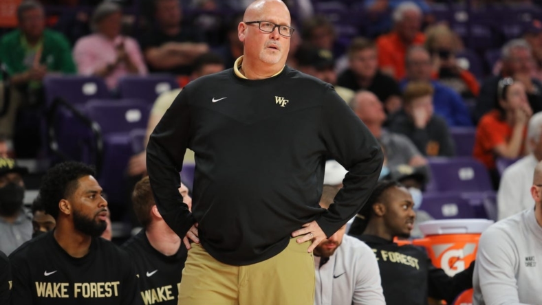 Feb 23, 2022; Clemson, South Carolina, USA; Wake Forest Demon Deacons head coach Steve Forbes reacts from the sideline during the second half against the Clemson Tigers at Littlejohn Coliseum. Mandatory Credit: Dawson Powers-USA TODAY Sports