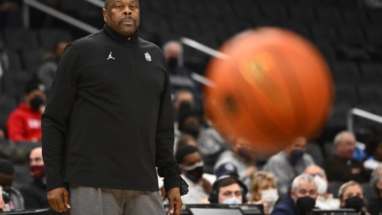 Feb 24, 2022; Washington, District of Columbia, USA; Georgetown Hoyas head coach Patrick Ewing looks on against the DePaul Blue Demons during the first half at Capital One Arena. Mandatory Credit: Brad Mills-USA TODAY Sports