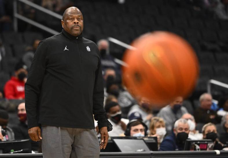 Feb 24, 2022; Washington, District of Columbia, USA; Georgetown Hoyas head coach Patrick Ewing looks on against the DePaul Blue Demons during the first half at Capital One Arena. Mandatory Credit: Brad Mills-USA TODAY Sports
