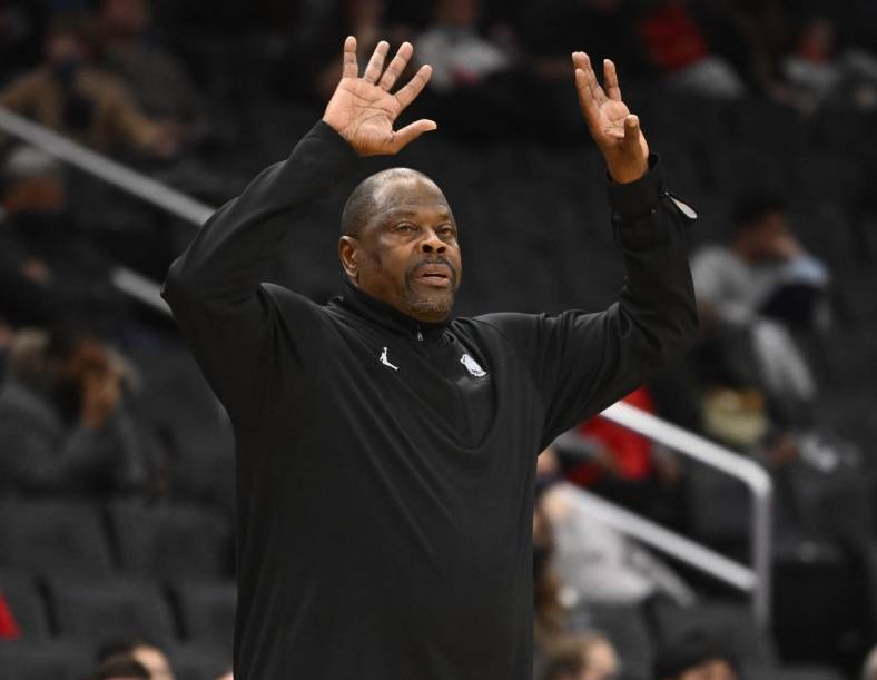 Feb 24, 2022; Washington, District of Columbia, USA; Georgetown Hoyas head coach Patrick Ewing gestures against the DePaul Blue Demons during the second half at Capital One Arena. Mandatory Credit: Brad Mills-USA TODAY Sports
