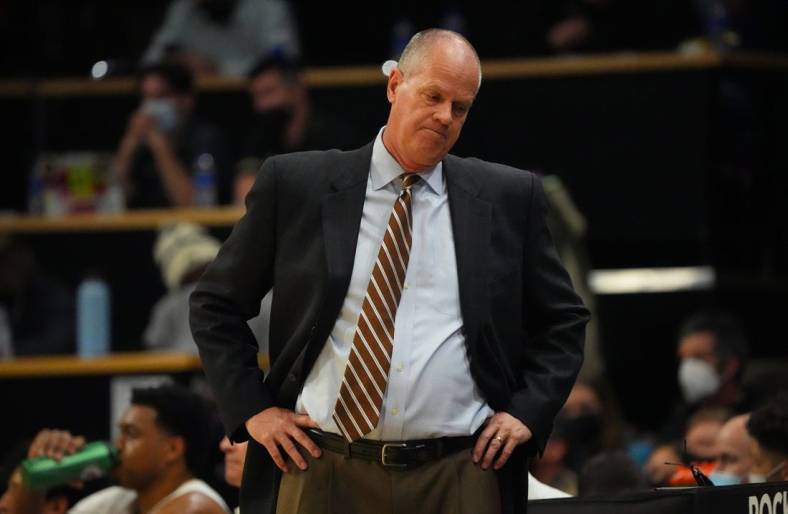 Feb 24, 2022; Boulder, Colorado, USA; Colorado Buffaloes head coach Tad Boyle reacts in the second half against the Arizona State Sun Devils at the CU Events Center. Mandatory Credit: Ron Chenoy-USA TODAY Sports