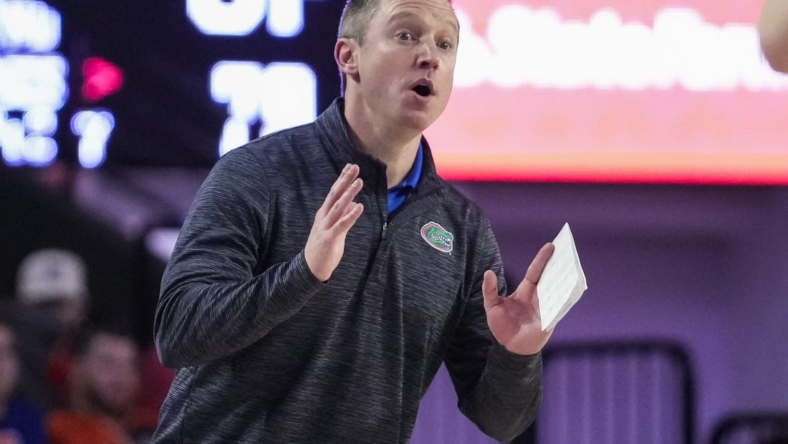 Feb 26, 2022; Athens, Georgia, USA; Florida Gators head coach Mike White reacts during the game against the Georgia Bulldogs during the second half at Stegeman Coliseum. Mandatory Credit: Dale Zanine-USA TODAY Sports