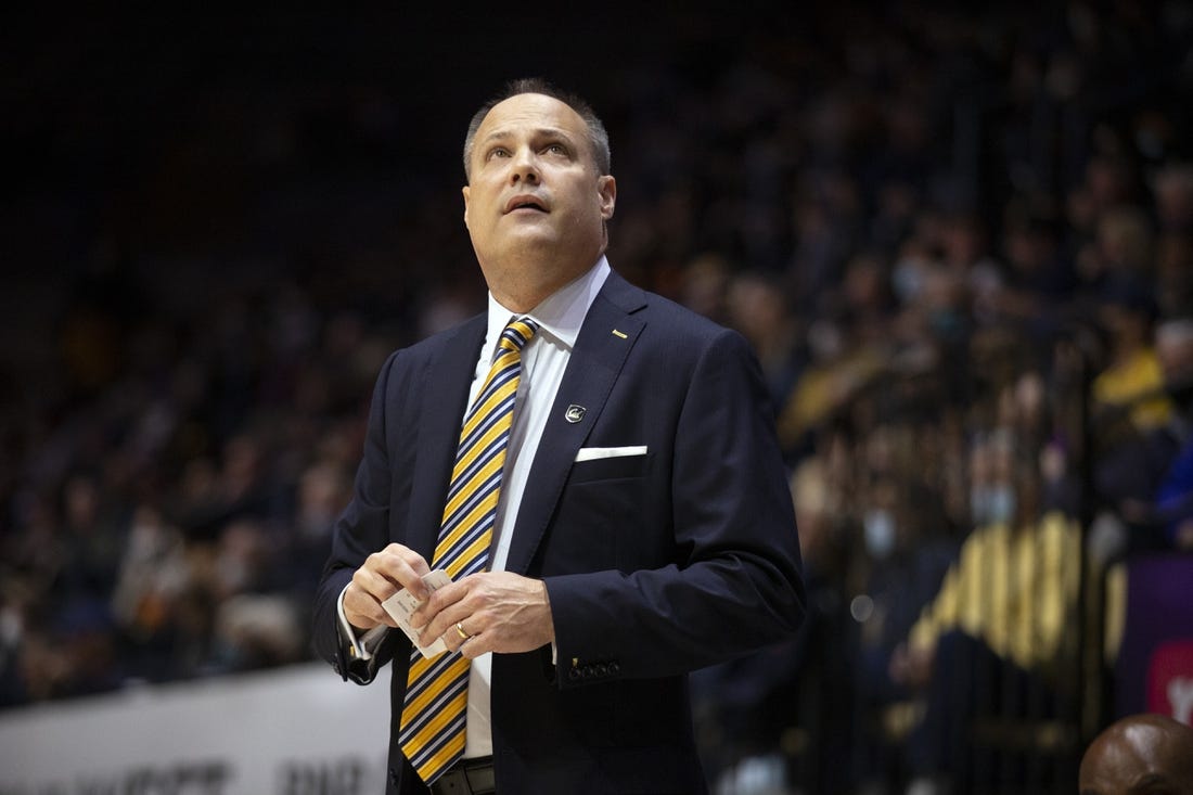 Feb 26, 2022; Berkeley, California, USA; California Golden Bears head coach Mark Fox looks up at the scoreboard during the first half against the Stanford Cardinal at Haas Pavilion. Mandatory Credit: D. Ross Cameron-USA TODAY Sports