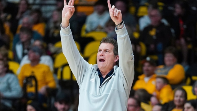 Feb 26, 2022; Laramie, Wyoming, USA; Nevada Wolf Pack head coach Steve Alford reacts against the Wyoming Cowboys during the first half at Arena-Auditorium. Mandatory Credit: Troy Babbitt-USA TODAY Sports