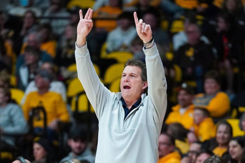 Feb 26, 2022; Laramie, Wyoming, USA; Nevada Wolf Pack head coach Steve Alford reacts against the Wyoming Cowboys during the first half at Arena-Auditorium. Mandatory Credit: Troy Babbitt-USA TODAY Sports