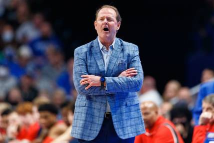 Mar 1, 2022; Lexington, Kentucky, USA; Mississippi Rebels head coach Kermit Davis yells to his team during the first half against the Kentucky Wildcats at Rupp Arena at Central Bank Center. Mandatory Credit: Jordan Prather-USA TODAY Sports