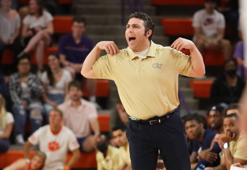 Mar 2, 2022; Clemson, South Carolina, USA; Georgia Tech Yellow Jackets head coach Josh Pastner gestures during the first half against the Clemson Tigers at Littlejohn Coliseum. Mandatory Credit: Dawson Powers-USA TODAY Sports
