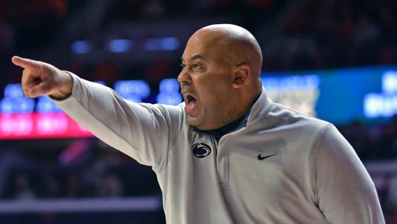 Mar 3, 2022; Champaign, Illinois, USA;  Penn State Nittany Lions head coach Micah Shrewsberry directs his players during the first half against the Illinois Fighting Illini at State Farm Center. Mandatory Credit: Ron Johnson-USA TODAY Sports