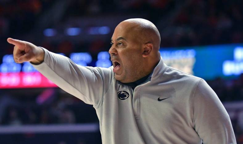 Mar 3, 2022; Champaign, Illinois, USA;  Penn State Nittany Lions head coach Micah Shrewsberry directs his players during the first half against the Illinois Fighting Illini at State Farm Center. Mandatory Credit: Ron Johnson-USA TODAY Sports
