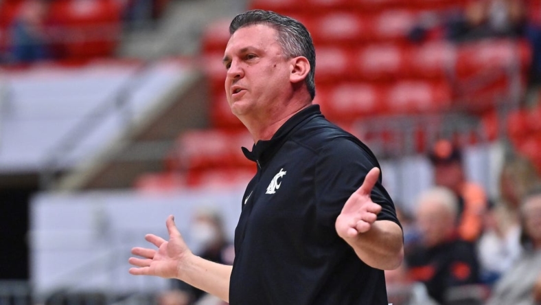 Mar 3, 2022; Pullman, Washington, USA; Washington State Cougars head coach Kyle Smith reacts after a play against the Oregon State Beavers in the first half at Friel Court at Beasley Coliseum. Mandatory Credit: James Snook-USA TODAY Sports