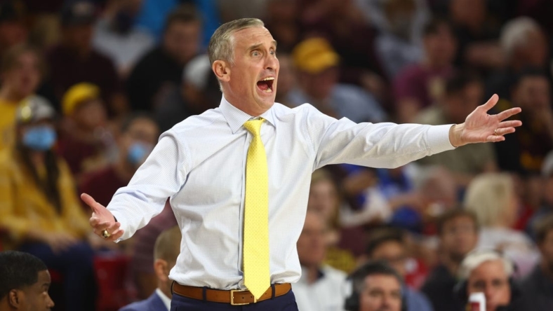 Mar 5, 2022; Tempe, Arizona, USA; Arizona State Sun Devils head coach Bobby Hurley reacts against the Stanford Cardinal in the second half at Desert Financial Arena. Mandatory Credit: Mark J. Rebilas-USA TODAY Sports