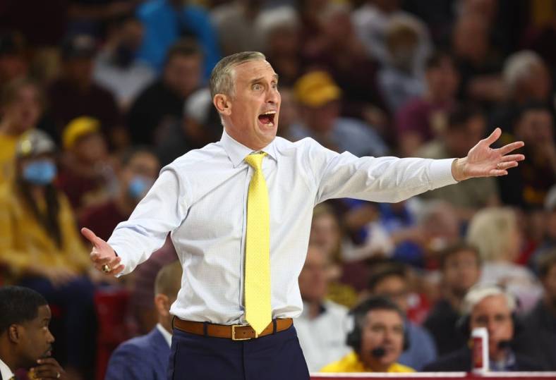 Mar 5, 2022; Tempe, Arizona, USA; Arizona State Sun Devils head coach Bobby Hurley reacts against the Stanford Cardinal in the second half at Desert Financial Arena. Mandatory Credit: Mark J. Rebilas-USA TODAY Sports