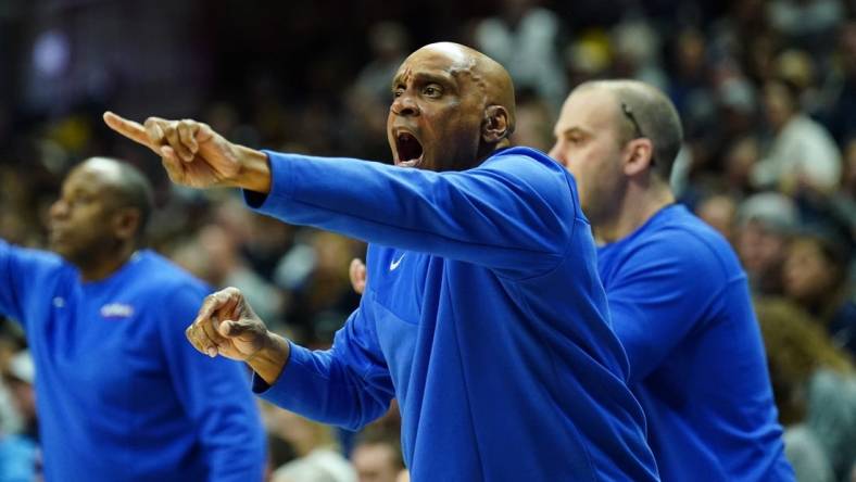 Mar 5, 2022; Storrs, Connecticut, USA; DePaul Blue Demons head coach Tony Stubblefield watches from the sideline as they take on the Connecticut Huskies in the first half at Harry A. Gampel Pavilion. Mandatory Credit: David Butler II-USA TODAY Sports